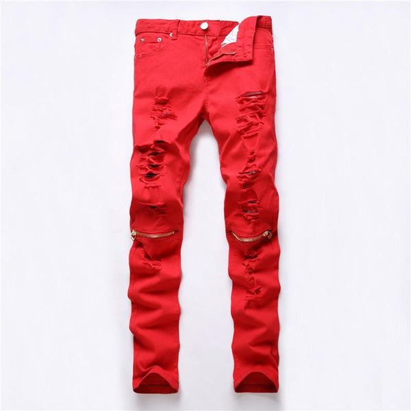 

men's jeans men's fashion slim zipper personality tide brand cotton red cozy male hole beggars pants1, Blue