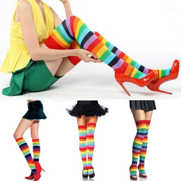 

fine lady girl colorful polyester over knee thigh high long stocking rainbow1, Black;white