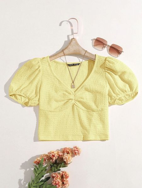 

puff sleeve ruched bust crop 13rj#, White