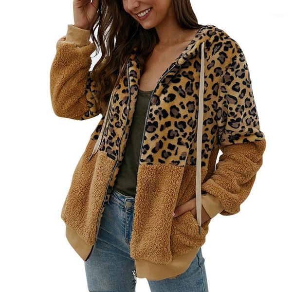 

new women leopard print patchwork fleece jacket autumn winter warm long sleeves hooded coat female zipper hoodie outerwear coat1, Black;brown