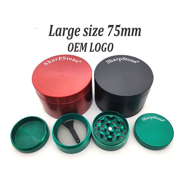 Big Size 75mm 4 partes de Tobacco Softstone Grinhador de tabaco Fumador accessroy Herb Grinder CNC dentes Filtro de rede Dry Herb Vaporizer caneta