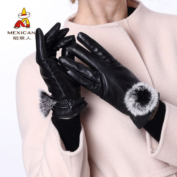 

scarecrow leather women's fashion plush warm thickened outdoor gloves for cycling and driving in winter