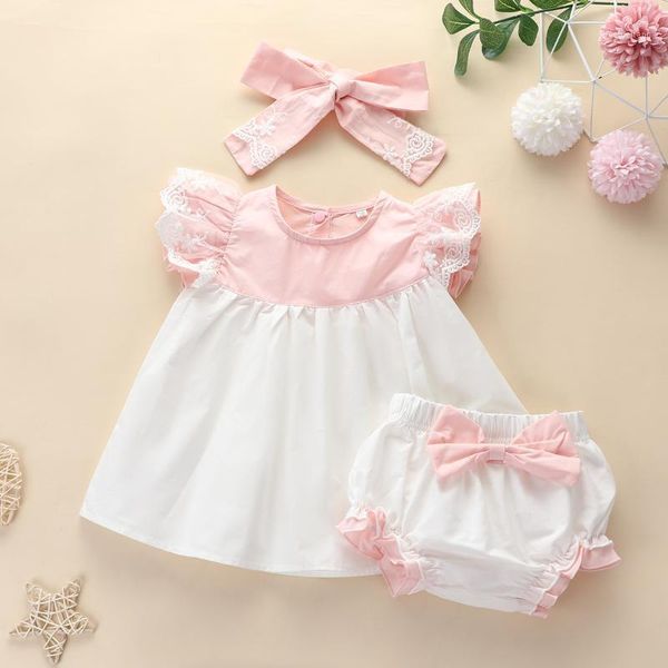 

two-color stitching girls lace skirt + shorts + headband three-piece set 0-2 years old baby1, White