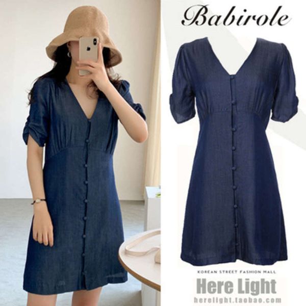 

korean chic style minimalism french minority single breasted v-neck shirt dress women's summer design, Black;gray