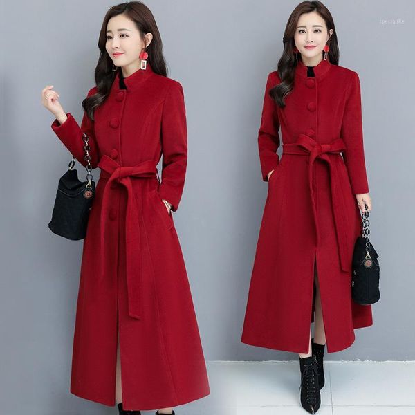 

2019 winter new cashmere jacket temperament stand collar long section woolen solid color coat female over the knee1, Black