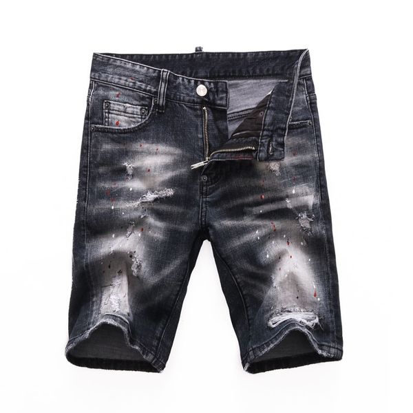 

summer men holes denim shorts fashion mens painted denim jeans slim straight stylist jeans trend men's black shorts 8271, Blue