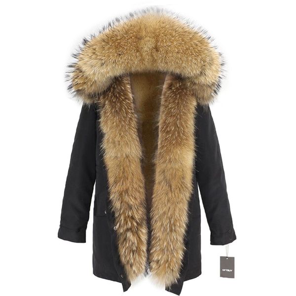 

oftbuy waterproof long parka winter jacket women real fur coat big natural raccoon fur hood streetwear detachable outerwear new 201027, Black
