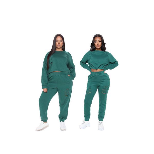 

sports women's thickened sweater hole pants long sleeve leisure suit, Gray