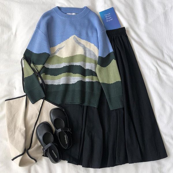 

korean style knitted sweaters women loose fuji thick long sleeve warm sweater female jumpers f1363 drop shipping, White;black