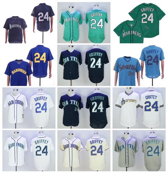 

retire baseball 24 ken griffey jr jersey men 1984 1995 vintage pullover all stitched flexbase cool base cooperstown navy blue green white, Blue;black