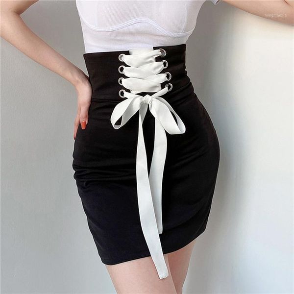 

front back lace up skirt bandgae wrap a line skirt bodycon high waist bodycon short skirts for womens1, Black