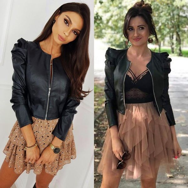 

fashion girls pu leather jacket 2020 spring new puff sleeve faux leather biker coat black slim women short motorcycle jacket d30, Black;brown
