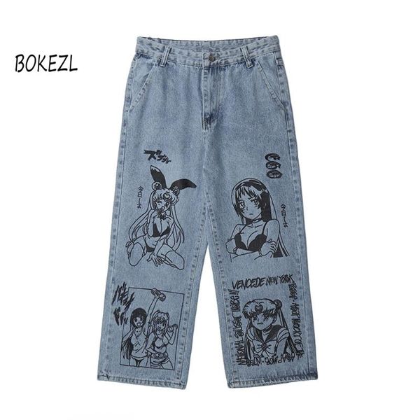 

men's jeans bokezl cartoon printed bf harajuku fashion brand street casual graffiti loose blue n1163