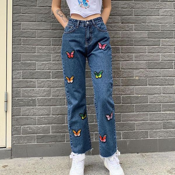 

women's jeans girlish style butterfly embroidery high waist women straight denim pants casual streetwear cowboy long trousers my18801, Blue