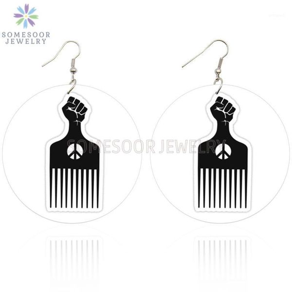 

dangle & chandelier somesoor both sides print afro comb power fist wooden drop earrings peace symbol african wood ear jewelry for women gift, Silver