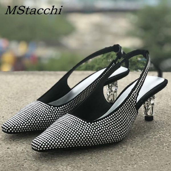 

mstacchi women pointed toe runway summer sandals woman crystal high heels pumps mujer horse hair wedding back strap shoes, Black