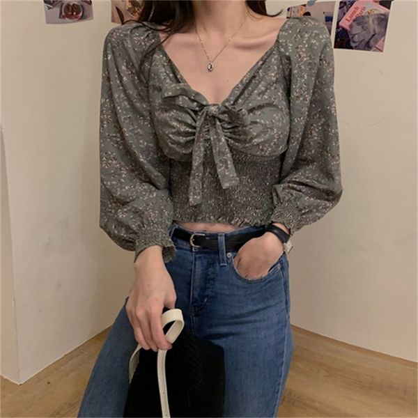 

2021 new v-neck floral blouse spring long sleeve women designer puff 2021 new casual one-piece clothing ladies 6d62, White
