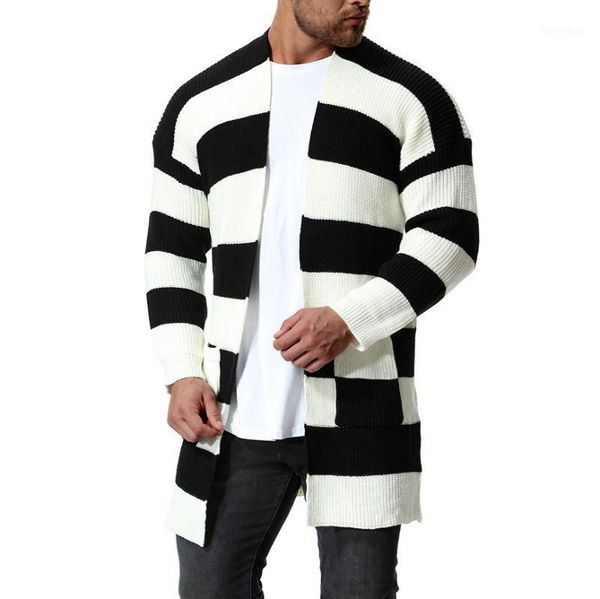 

2020 men's sweater autumn new style europe and america men's clothing fashion-mid-length black and white stripes sweater1, White;black