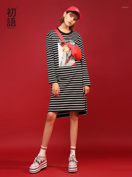 

toyouth 2019 spring women dress casual stripe print round neck long sleeve loose dress female stright split dresses1, Black;gray