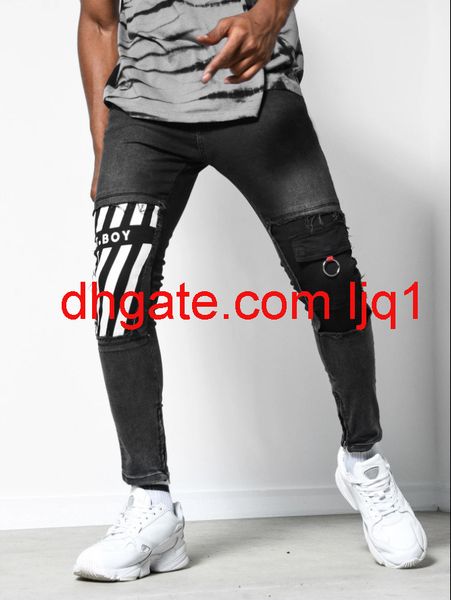 

new style men's trousers with holes, white and slim jeans, fashionable printing leggings for men, Blue