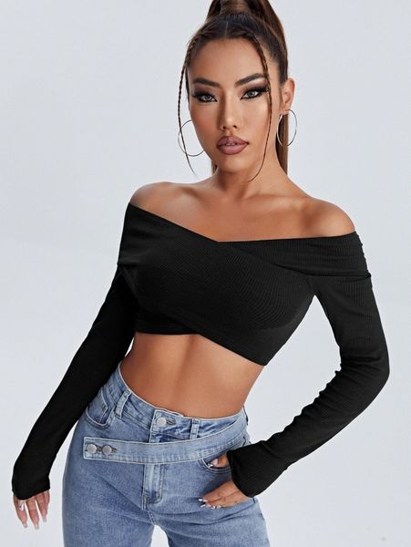 

solid off shoulder criss cross wrap crop tee without bodysuit a2mp#, White
