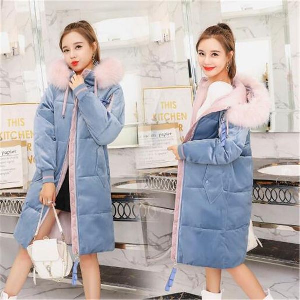 

2018 new style women's fashion cotton padded long gold velvet hair collar large size feather down cotton coat1, Tan;black