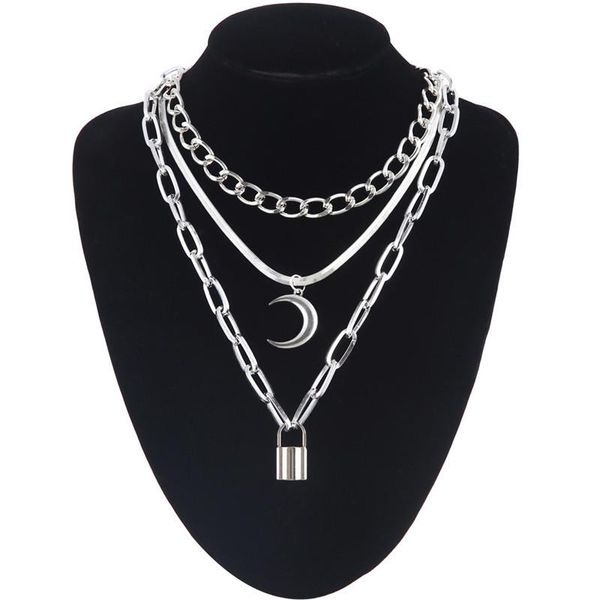 

chains layer moon pendant necklace fashion lock gothic neck for women female chocker goth jewelry, Silver