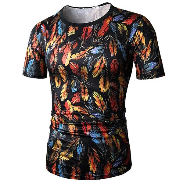 

new pattern korean youth personality round collar trend cultivate oneself colour feather short sleeve feather pattern t shirts, White;black