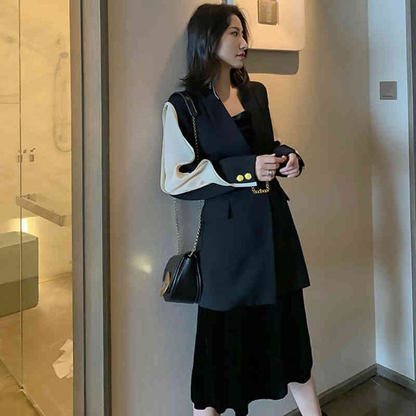 

women's suits & blazers [eam] 2022 spring autumn lapel long sleeve hit color split joint loose temperament jacket women coat fashion ju, White;black