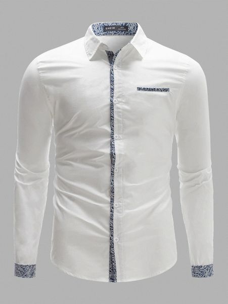 

men contrast leaf print trim shirt k14j#, White;black