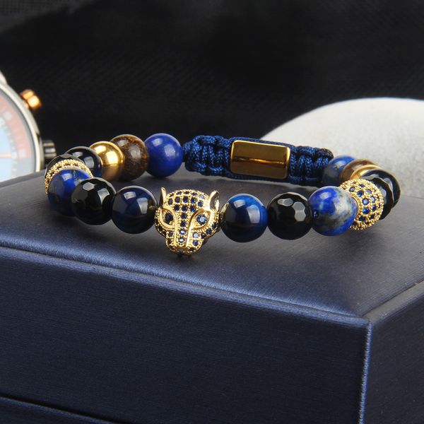 Blue CZ Panther Armbänder Großhandel 8mm Natursteinperlen mit Leopard Makramee Armband Edelstahl Schmuck für Mann