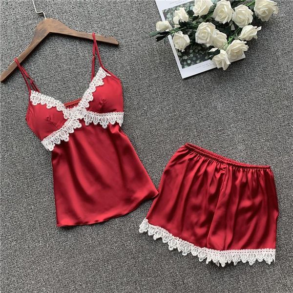 

foply 's sleepwear satin silk lace and shorts v-neck strap sleeveless pajamas set sling summer homewear1, Black;red