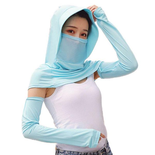 

women silk sunscreen cap shawl face mask with arm sleeves riding neck gaiter 28gd, Blue;gray