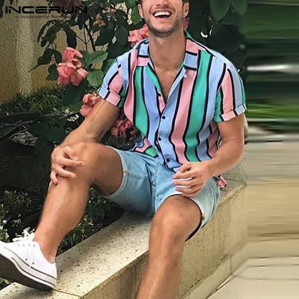 

fashion men striped shirt beach colorful streetwear summer short sleeve lapel casual hawaiian shirts camisa masculina incerun c1212, White;black