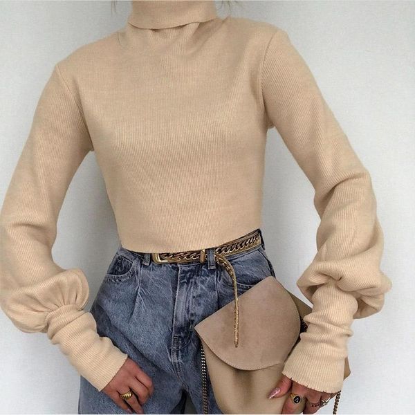 

women's sweaters lantern sleeve knitted turtleneck sweater female solid khaki knit loose short pullover 2021 winter fashion jumper, White;black