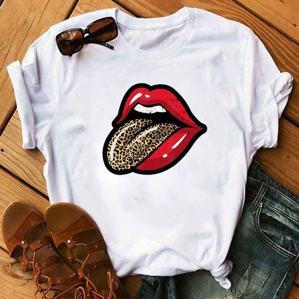 

women leopard lips short sleeve print clothes ladies womens t-shirt graphic clothes female tee, White