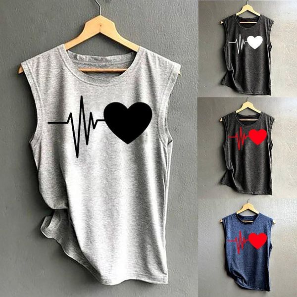 

summer sleeveless love print shirt women's print vest casual loose sleeveless tank sport pullover tunic sportware, White