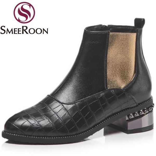 

smeeroon big size 34-48 ankle boots fashion zipper pointed toe med heels boots keep warm winter party shoes woman, Black