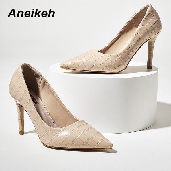 

dress shoes aneikeh summer women pumps basic thin heels pointed toe fretwork pu slip-on office high-heeled shoes1, Black