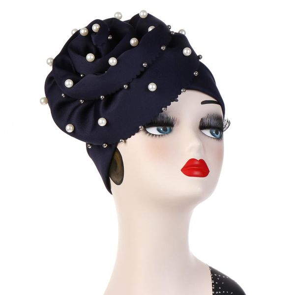 

european and american fashion solid color space cotton big flower muslim baotou beaded big flower baotou hat, Blue;gray