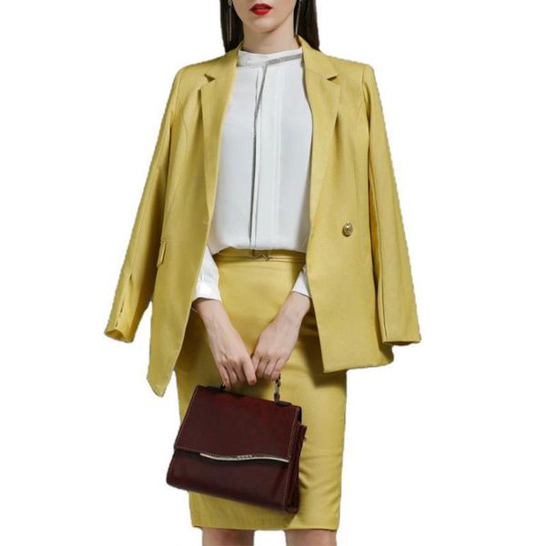 

two piece dress women's professional wear suit jacket plus skirt lapel a buckle yellow anti-wrinkle fabric slim fashion personality sty, White