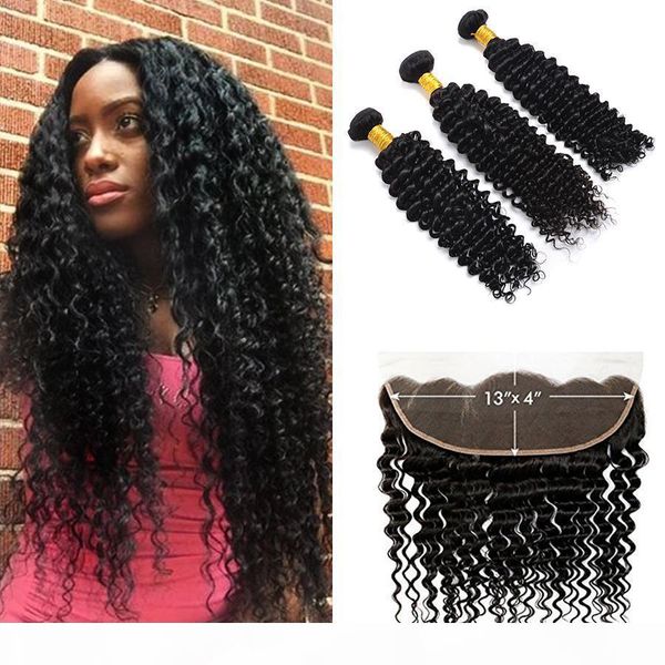 

human hair extensions weft malaysian deep wave curly 3 bundles with 13 x 4 lace frontal hair weaves hair bundles with frontal closure, Black;brown