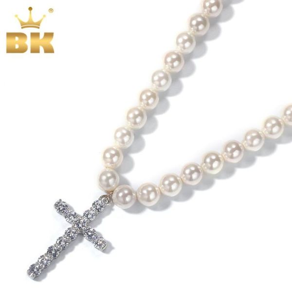 

chains the bling king fashion 8mm/10mm freshwater pearls white chain vintage chocker zirconia stones cross, Silver