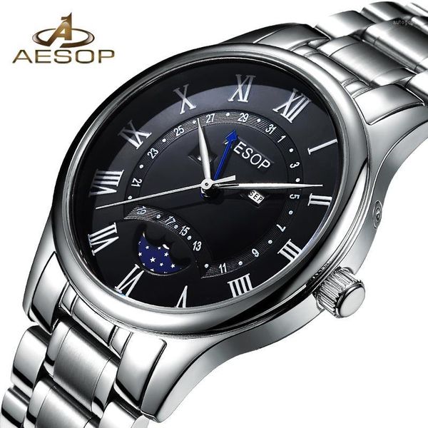 

wristwatches aesop watch men sapphire crystal quartz wrist wristwatch moon phase leather male clock relogio masculino hodinky reloj hombr1, Slivery;brown
