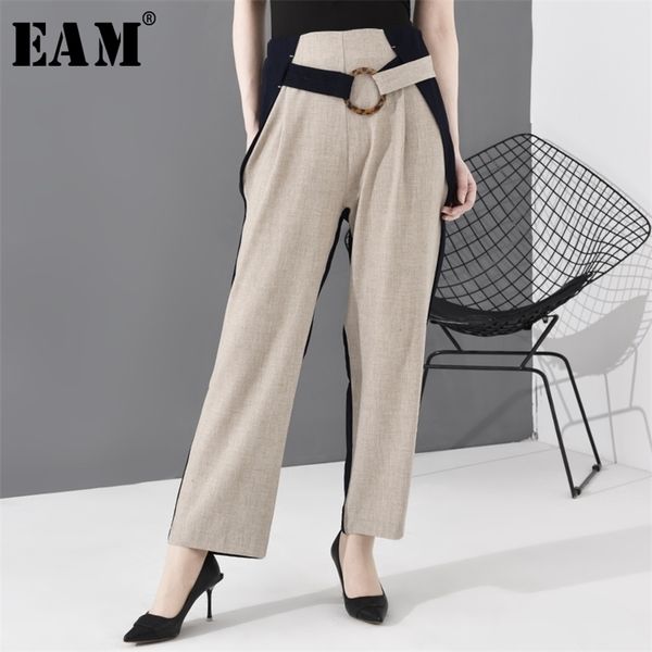 

[eam] high waist apricot contrast color long wide leg trousers new loose fit pants women fashion tide spring autumn 2020 lj201130, Black;white
