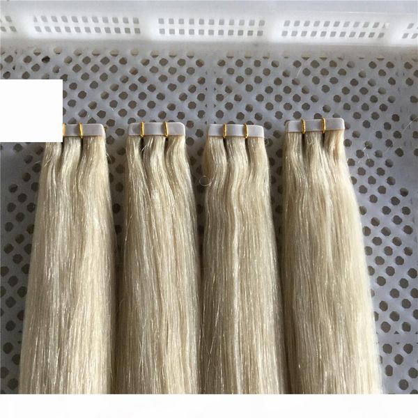 

lummy remy human pu hair extensions tape hair extensions 14"-26" 40pcs 100g set color#60 platinum blonde tape in hair extensions, Black