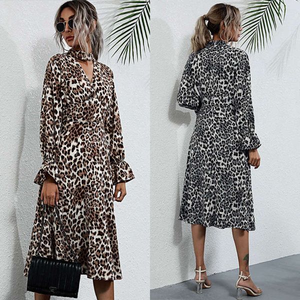 

autumn dress women's leopard decoration print v-neck hanging neck mid length skirt, White