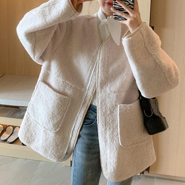 

2020 special offer sale autumn winter korean style retro fashionable stylish warm sleeves round neck lambswool coat for women, Black