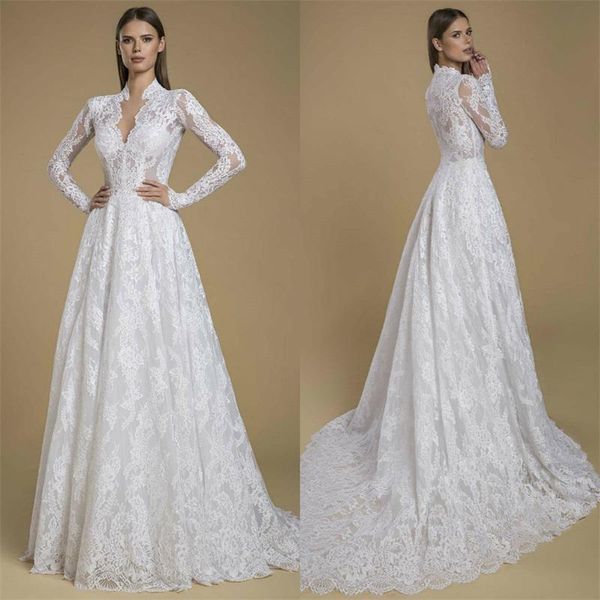 

new fashion elegant lace a line wedding dresses long sleeves appliqued sweep train wedding dress bridal gowns robes de mariée, White
