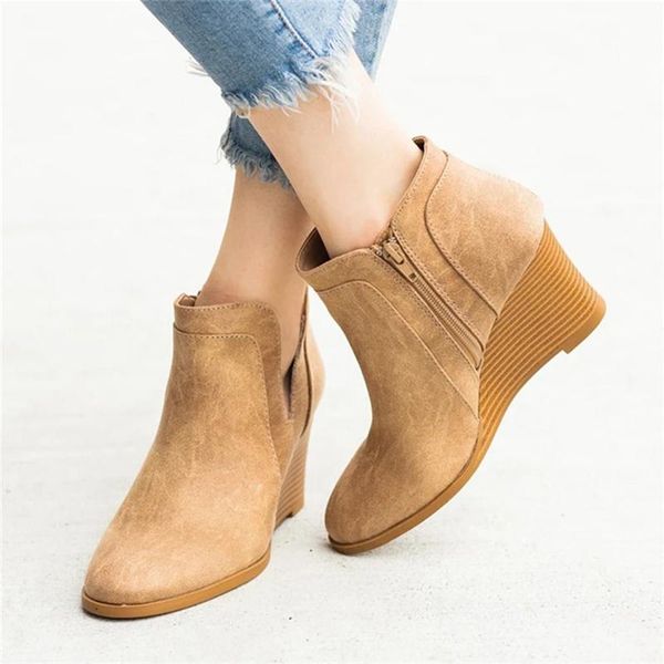 

lucyever faux suede wedges shoes for women 2020 fashion pointed toe woman ankle boots plus size 35-43 vintage short botas mujer, Black